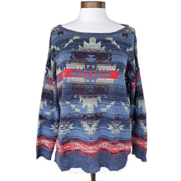 RALPH LAUREN Denim & Supply Southwest Aztec Cotton Sweater Medium Blue - Picture 2 of 8